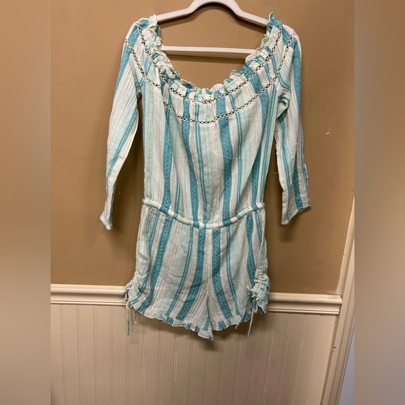 Roxy Off the Shoulder Anthem Romper Striped Long Sleeve Blue White Size Small - Picture 2 of 6
